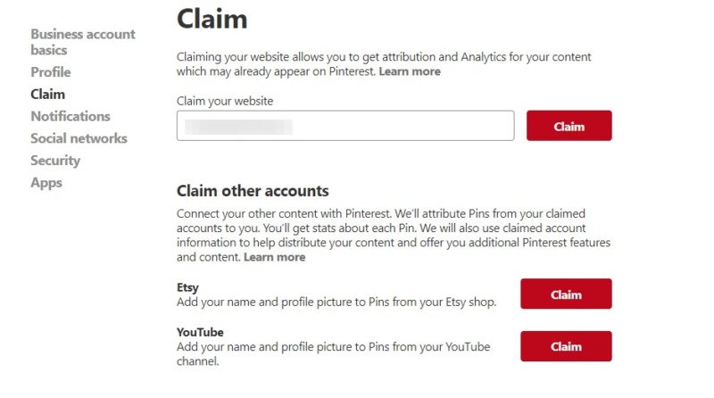 claim website pinterest