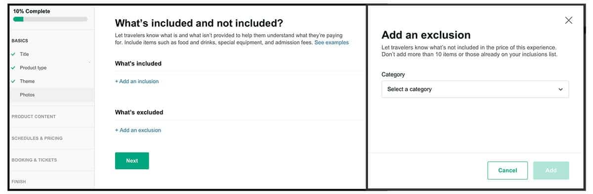 exclusion inclusions dashboard TripAdvisor