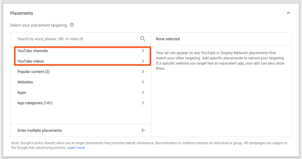 YouTube Ads Placement Targeting